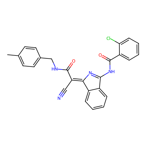 (Z)-2-chloro-N-(1-(1-cyano-2-((4-methylbenzyl)amino)-2-oxoethylidene)-1H-isoindol-3-yl)benzamide structure