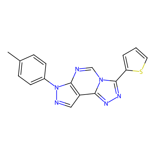 3-(thiophen-2-yl)-7-(p-tolyl)-7H-pyrazolo[4,3-e][1,2,4]triazolo[4,3-c]pyrimidine structure