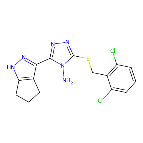 3-((2,6-dichlorobenzyl)thio)-5-(1,4,5,6-tetrahydrocyclopenta[c]pyrazol-3-yl)-4H-1,2,4-triazol-4-amine structure
