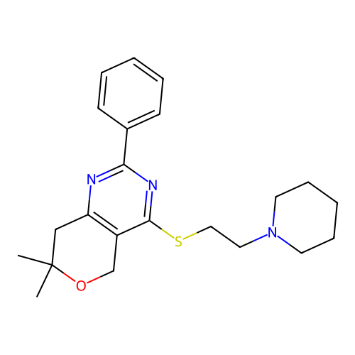 7,7-dimethyl-2-phenyl-4-(2-piperidin-1-ylethylsulfanyl)-5,8-dihydropyrano[4,3-d]pyrimidine structure