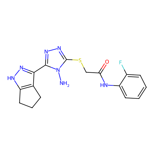 2-((4-amino-5-(1,4,5,6-tetrahydrocyclopenta[c]pyrazol-3-yl)-4H-1,2,4-triazol-3-yl)thio)-N-(2-fluorophenyl)acetamide structure