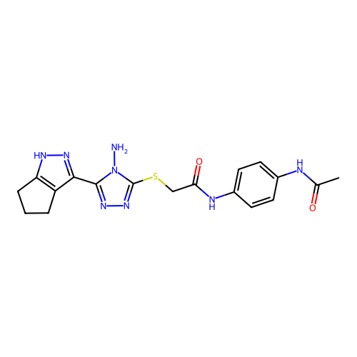 N-(4-acetamidophenyl)-2-((4-amino-5-(1,4,5,6-tetrahydrocyclopenta[c]pyrazol-3-yl)-4H-1,2,4-triazol-3-yl)thio)acetamide structure