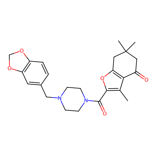 2-(4-(benzo[d][1,3]dioxol-5-ylmethyl)piperazine-1-carbonyl)-3,6,6-trimethyl-6,7-dihydrobenzofuran-4(5H)-one structure