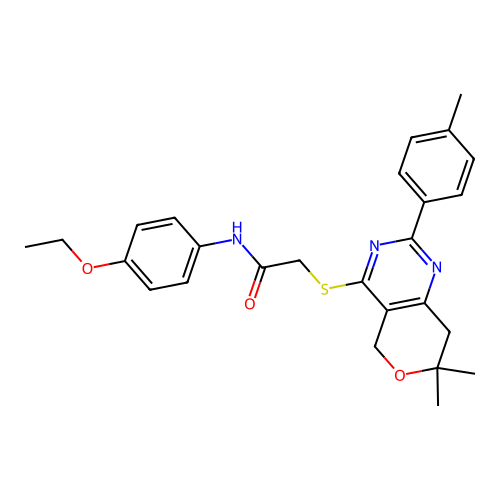 2-((7,7-dimethyl-2-(p-tolyl)-7,8-dihydro-5H-pyrano[4,3-d]pyrimidin-4-yl)thio)-N-(4-ethoxyphenyl)acetamide structure