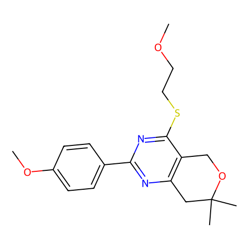 4-(2-methoxyethylsulfanyl)-2-(4-methoxyphenyl)-7,7-dimethyl-5,8-dihydropyrano[4,3-d]pyrimidine structure