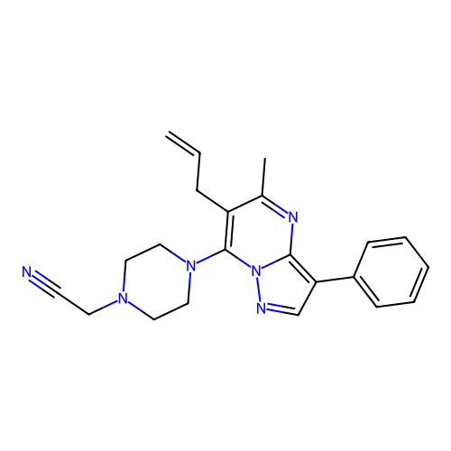 2-(4-(6-allyl-5-methyl-3-phenylpyrazolo[1,5-a]pyrimidin-7-yl)piperazin-1-yl)acetonitrile structure