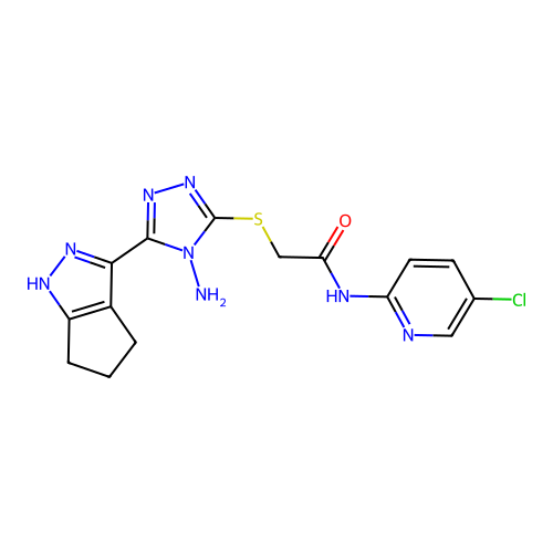 2-((4-amino-5-(1,4,5,6-tetrahydrocyclopenta[c]pyrazol-3-yl)-4H-1,2,4-triazol-3-yl)thio)-N-(5-chloropyridin-2-yl)acetamide structure