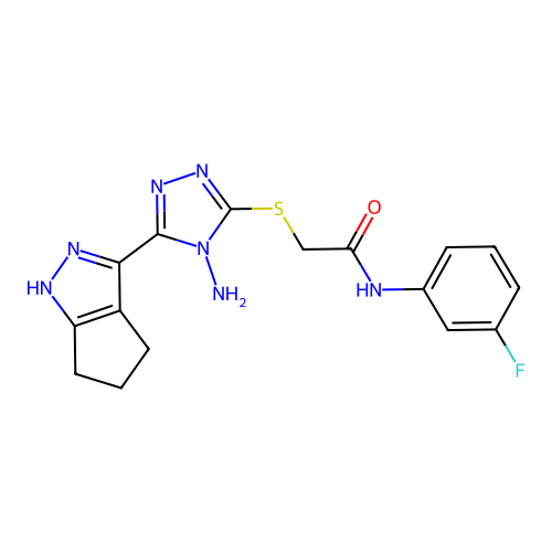 2-((4-amino-5-(1,4,5,6-tetrahydrocyclopenta[c]pyrazol-3-yl)-4H-1,2,4-triazol-3-yl)thio)-N-(3-fluorophenyl)acetamide structure
