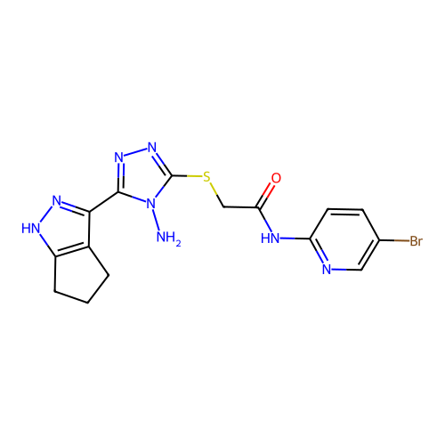 2-((4-amino-5-(1,4,5,6-tetrahydrocyclopenta[c]pyrazol-3-yl)-4H-1,2,4-triazol-3-yl)thio)-N-(5-bromopyridin-2-yl)acetamide structure