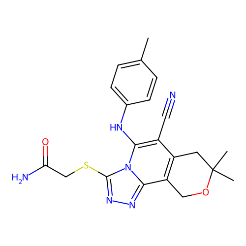 2-((6-cyano-8,8-dimethyl-5-(p-tolylamino)-8,10-dihydro-7H-pyrano[3,4-c][1,2,4]triazolo[4,3-a]pyridin-3-yl)thio)acetamide structure