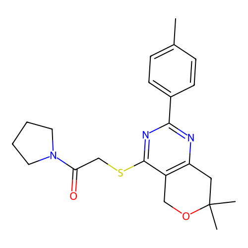 2-((7,7-dimethyl-2-(p-tolyl)-7,8-dihydro-5H-pyrano[4,3-d]pyrimidin-4-yl)thio)-1-(pyrrolidin-1-yl)ethanone structure
