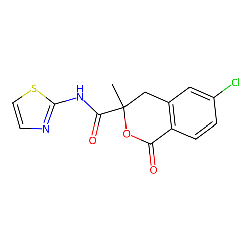 6-chloro-3-methyl-1-oxo-N-(thiazol-2-yl)isochroman-3-carboxamide structure
