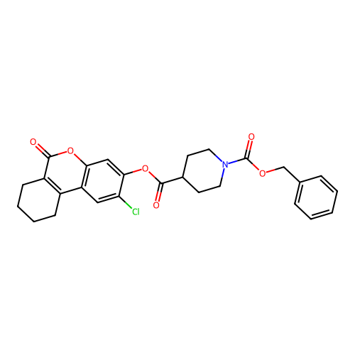 1-benzyl 4-(2-chloro-6-oxo-7,8,9,10-tetrahydro-6H-benzo[c]chromen-3-yl) piperidine-1,4-dicarboxylate structure