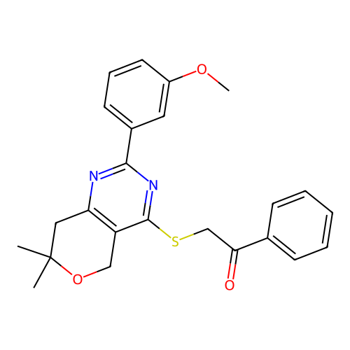2-((2-(3-methoxyphenyl)-7,7-dimethyl-7,8-dihydro-5H-pyrano[4,3-d]pyrimidin-4-yl)thio)-1-phenylethanone structure