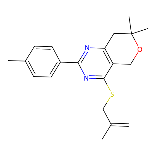7,7-dimethyl-4-((2-methylallyl)thio)-2-(p-tolyl)-7,8-dihydro-5H-pyrano[4,3-d]pyrimidine structure