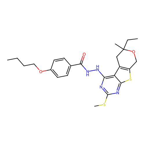 4-butoxy-N'-(6-ethyl-6-methyl-2-(methylthio)-6,8-dihydro-5H-pyrano[4',3':4,5]thieno[2,3-d]pyrimidin-4-yl)benzohydrazide structure