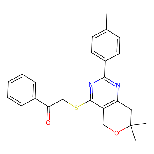 2-((7,7-dimethyl-2-(p-tolyl)-7,8-dihydro-5H-pyrano[4,3-d]pyrimidin-4-yl)thio)-1-phenylethanone structure