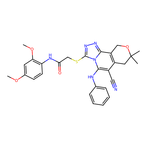 2-((6-cyano-8,8-dimethyl-5-(phenylamino)-8,10-dihydro-7H-pyrano[3,4-c][1,2,4]triazolo[4,3-a]pyridin-3-yl)thio)-N-(2,4-dimethoxyphenyl)acetamide structure
