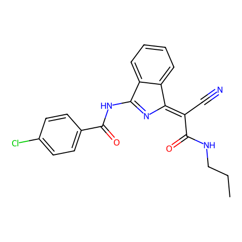 (Z)-4-chloro-N-(1-(1-cyano-2-oxo-2-(propylamino)ethylidene)-1H-isoindol-3-yl)benzamide structure
