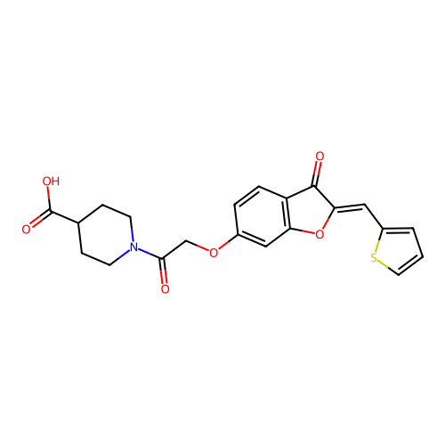 (Z)-1-(2-((3-oxo-2-(thiophen-2-ylmethylene)-2,3-dihydrobenzofuran-6-yl)oxy)acetyl)piperidine-4-carboxylic acid structure