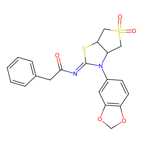 N-[(2Z)-3-(1,3-benzodioxol-5-yl)-5,5-dioxidotetrahydrothieno[3,4-d][1,3]thiazol-2(3H)-ylidene]-2-phenylacetamide structure