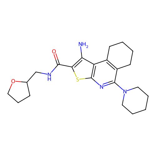 1-amino-5-(piperidin-1-yl)-N-((tetrahydrofuran-2-yl)methyl)-6,7,8,9-tetrahydrothieno[2,3-c]isoquinoline-2-carboxamide structure