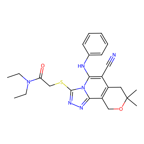 2-((6-cyano-8,8-dimethyl-5-(phenylamino)-8,10-dihydro-7H-pyrano[3,4-c][1,2,4]triazolo[4,3-a]pyridin-3-yl)thio)-N,N-diethylacetamide structure