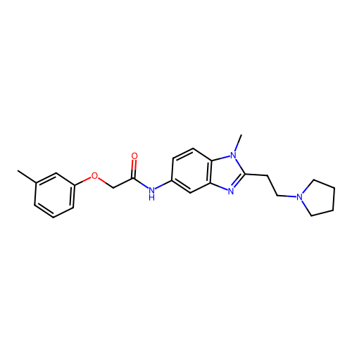 2-(3-methylphenoxy)-N-[1-methyl-2-(2-pyrrolidin-1-ylethyl)benzimidazol-5-yl]acetamide structure