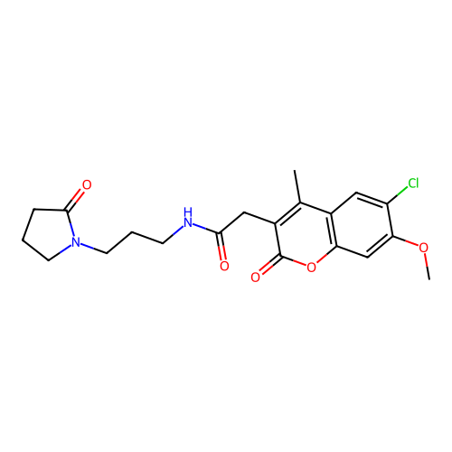 2-(6-chloro-7-methoxy-4-methyl-2-oxo-2H-chromen-3-yl)-N-(3-(2-oxopyrrolidin-1-yl)propyl)acetamide structure