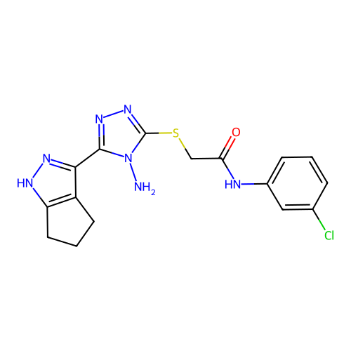 2-((4-amino-5-(1,4,5,6-tetrahydrocyclopenta[c]pyrazol-3-yl)-4H-1,2,4-triazol-3-yl)thio)-N-(3-chlorophenyl)acetamide structure