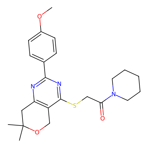 2-((2-(4-methoxyphenyl)-7,7-dimethyl-7,8-dihydro-5H-pyrano[4,3-d]pyrimidin-4-yl)thio)-1-(piperidin-1-yl)ethanone structure