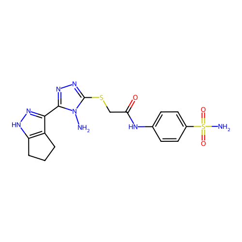 2-((4-amino-5-(1,4,5,6-tetrahydrocyclopenta[c]pyrazol-3-yl)-4H-1,2,4-triazol-3-yl)thio)-N-(4-sulfamoylphenyl)acetamide structure
