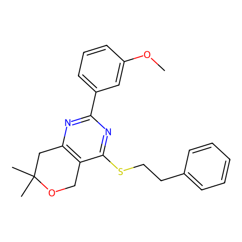 2-(3-methoxyphenyl)-7,7-dimethyl-4-(phenethylthio)-7,8-dihydro-5H-pyrano[4,3-d]pyrimidine structure