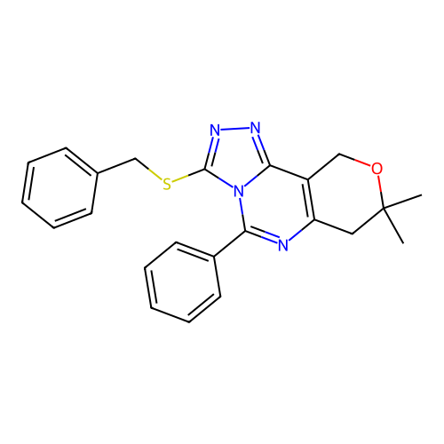 3-(benzylsulfanyl)-8,8-dimethyl-5-phenyl-7,10-dihydro-8H-pyrano[3,4-e][1,2,4]triazolo[4,3-c]pyrimidine structure