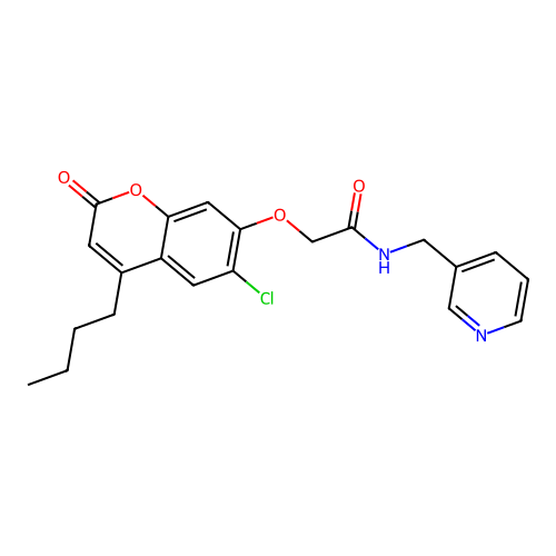 2-[(4-butyl-6-chloro-2-oxo-2H-chromen-7-yl)oxy]-N-(pyridin-3-ylmethyl)acetamide structure