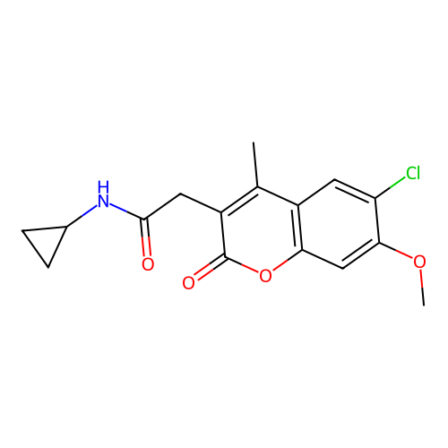 2-(6-chloro-7-methoxy-4-methyl-2-oxo-2H-chromen-3-yl)-N-cyclopropylacetamide structure