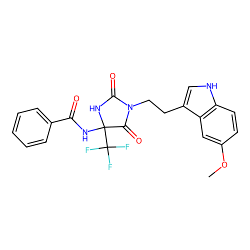 N-[1-[2-(5-methoxy-1H-indol-3-yl)ethyl]-2,5-dioxo-4-(trifluoromethyl)imidazolidin-4-yl]benzamide structure