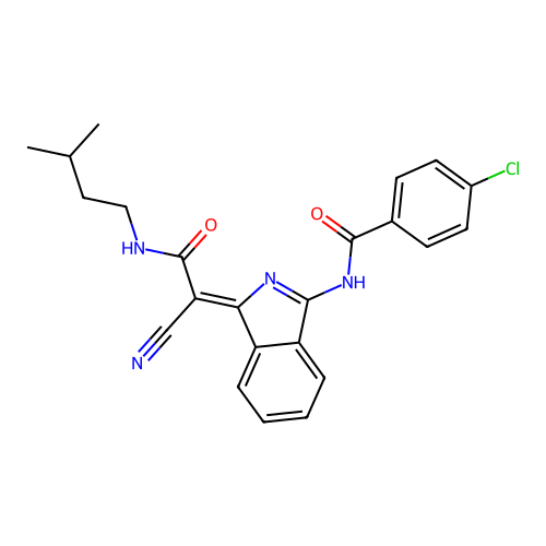(Z)-4-chloro-N-(1-(1-cyano-2-(isopentylamino)-2-oxoethylidene)-1H-isoindol-3-yl)benzamide structure