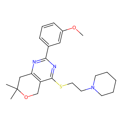 2-(3-methoxyphenyl)-7,7-dimethyl-4-((2-(piperidin-1-yl)ethyl)thio)-7,8-dihydro-5H-pyrano[4,3-d]pyrimidine structure