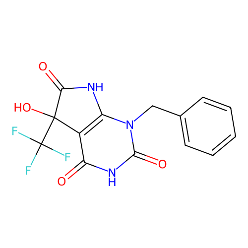 1-benzyl-5-hydroxy-5-(trifluoromethyl)-7H-pyrrolo[2,3-d]pyrimidine-2,4,6-trione structure