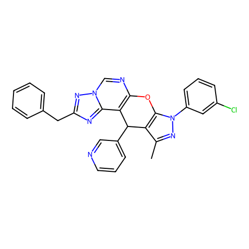 2-benzyl-8-(3-chlorophenyl)-10-methyl-11-(pyridin-3-yl)-8,11-dihydropyrazolo[4',3':5,6]pyrano[3,2-e][1,2,4]triazolo[1,5-c]pyrimidine structure