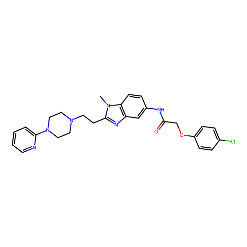 2-(4-chlorophenoxy)-N-(1-methyl-2-(2-(4-(pyridin-2-yl)piperazin-1-yl)ethyl)-1H-benzo[d]imidazol-5-yl)acetamide structure