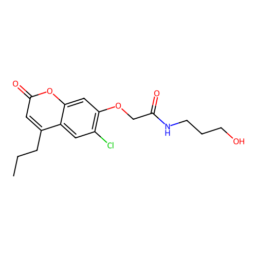 2-((6-chloro-2-oxo-4-propyl-2H-chromen-7-yl)oxy)-N-(3-hydroxypropyl)acetamide structure