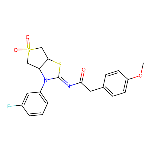 (Z)-N-(3-(3-fluorophenyl)-5,5-dioxidotetrahydrothieno[3,4-d]thiazol-2(3H)-ylidene)-2-(4-methoxyphenyl)acetamide structure