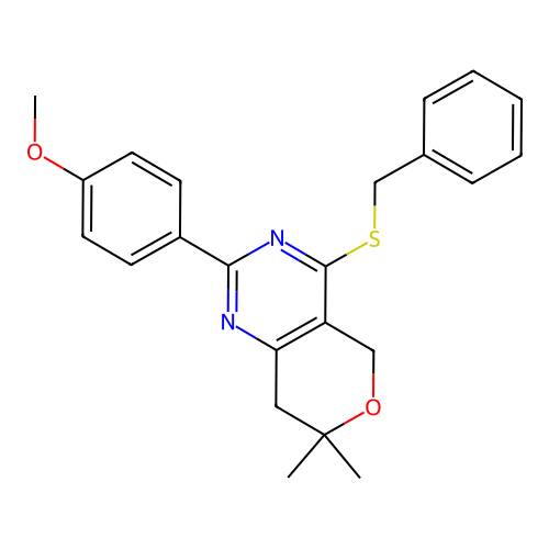 4-(benzylthio)-2-(4-methoxyphenyl)-7,7-dimethyl-7,8-dihydro-5H-pyrano[4,3-d]pyrimidine structure