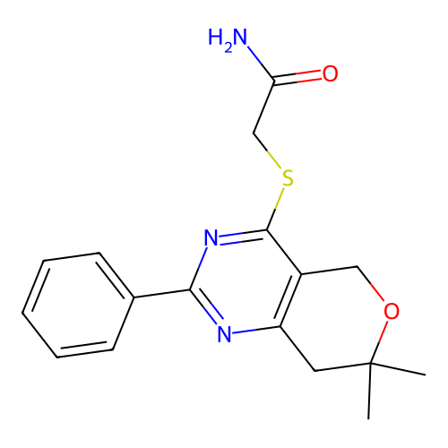 2-((7,7-dimethyl-2-phenyl-7,8-dihydro-5H-pyrano[4,3-d]pyrimidin-4-yl)thio)acetamide structure