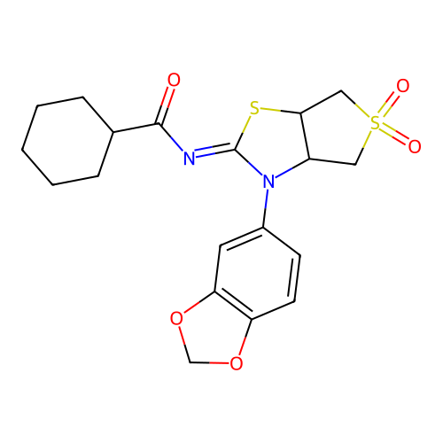 (Z)-N-(3-(benzo[d][1,3]dioxol-5-yl)-5,5-dioxidotetrahydrothieno[3,4-d]thiazol-2(3H)-ylidene)cyclohexanecarboxamide structure