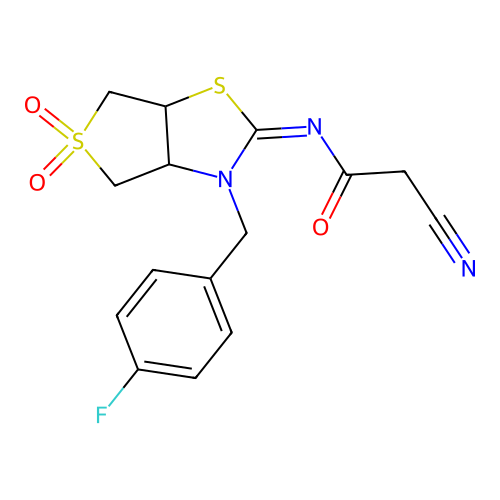 (Z)-2-cyano-N-(3-(4-fluorobenzyl)-5,5-dioxidotetrahydrothieno[3,4-d]thiazol-2(3H)-ylidene)acetamide structure