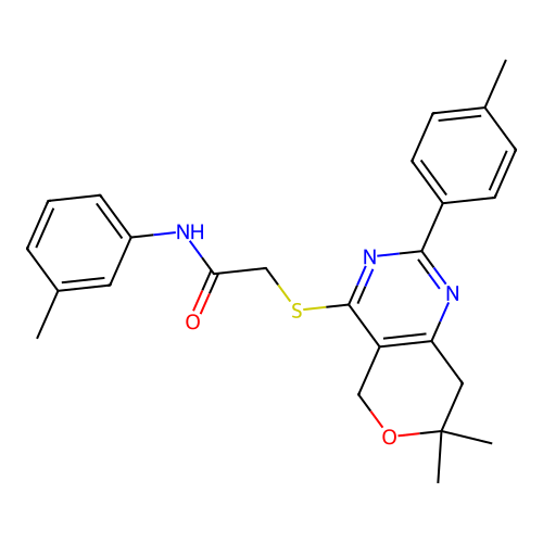 2-((7,7-dimethyl-2-(p-tolyl)-7,8-dihydro-5H-pyrano[4,3-d]pyrimidin-4-yl)thio)-N-(m-tolyl)acetamide structure