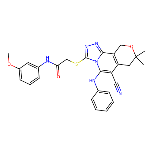 2-((6-cyano-8,8-dimethyl-5-(phenylamino)-8,10-dihydro-7H-pyrano[3,4-c][1,2,4]triazolo[4,3-a]pyridin-3-yl)thio)-N-(3-methoxyphenyl)acetamide structure